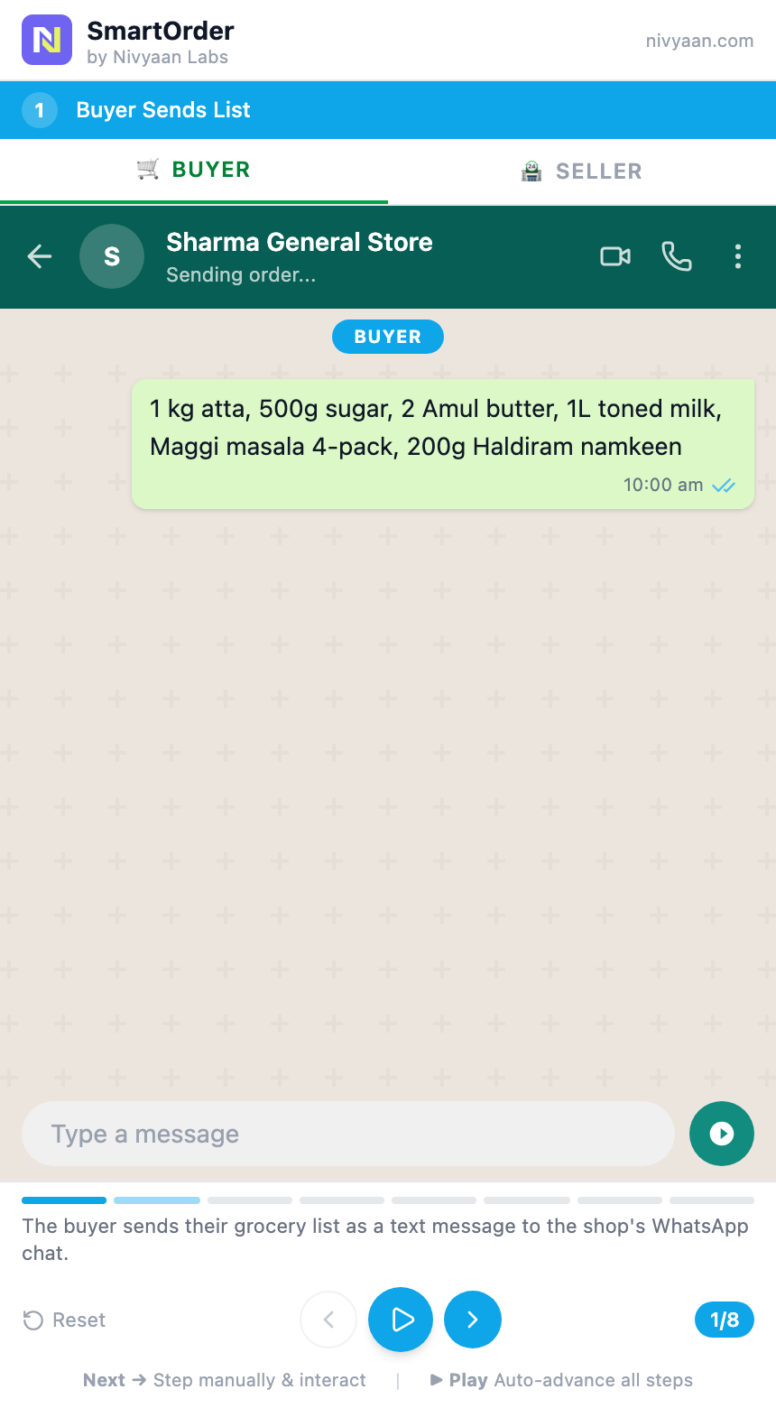 Buyer sends unstructured grocery list via WhatsApp